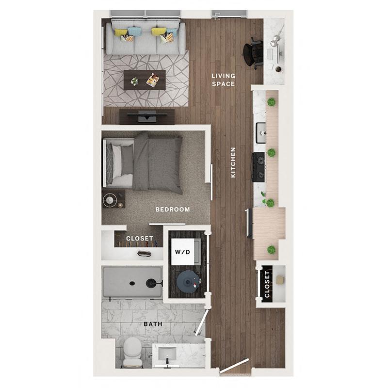 A 3D image of the A floorplan, a 488 squarefoot, 1 bed / 1 bath unit