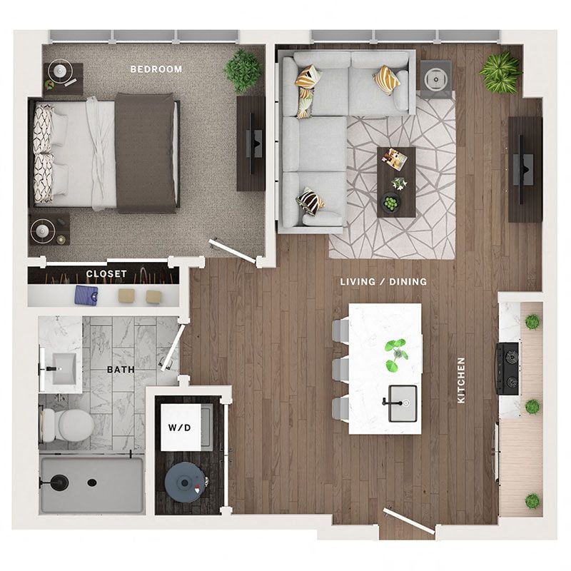 A 3D image of the A1 floorplan, a 0 squarefoot, 1 bed / 1 bath unit