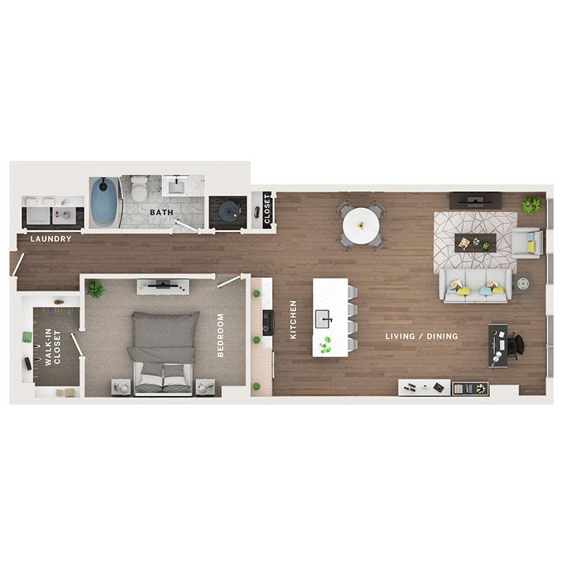 A 3D image of the A10 floorplan, a 1020 squarefoot, 1 bed / 1 bath unit