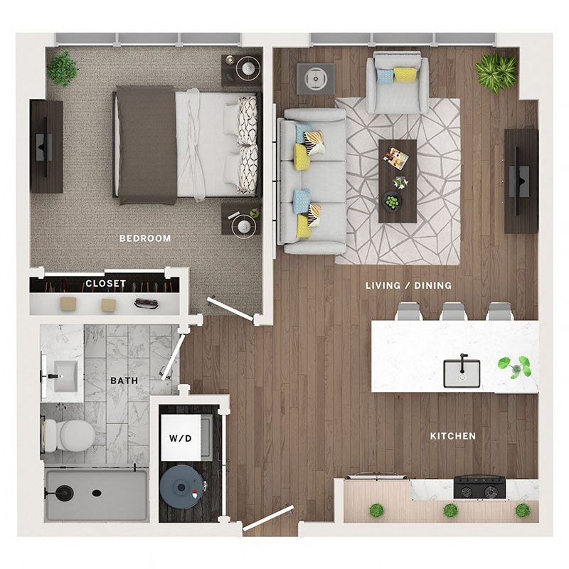 A 3D image of the A2 floorplan, a 0 squarefoot, 1 bed / 1 bath unit