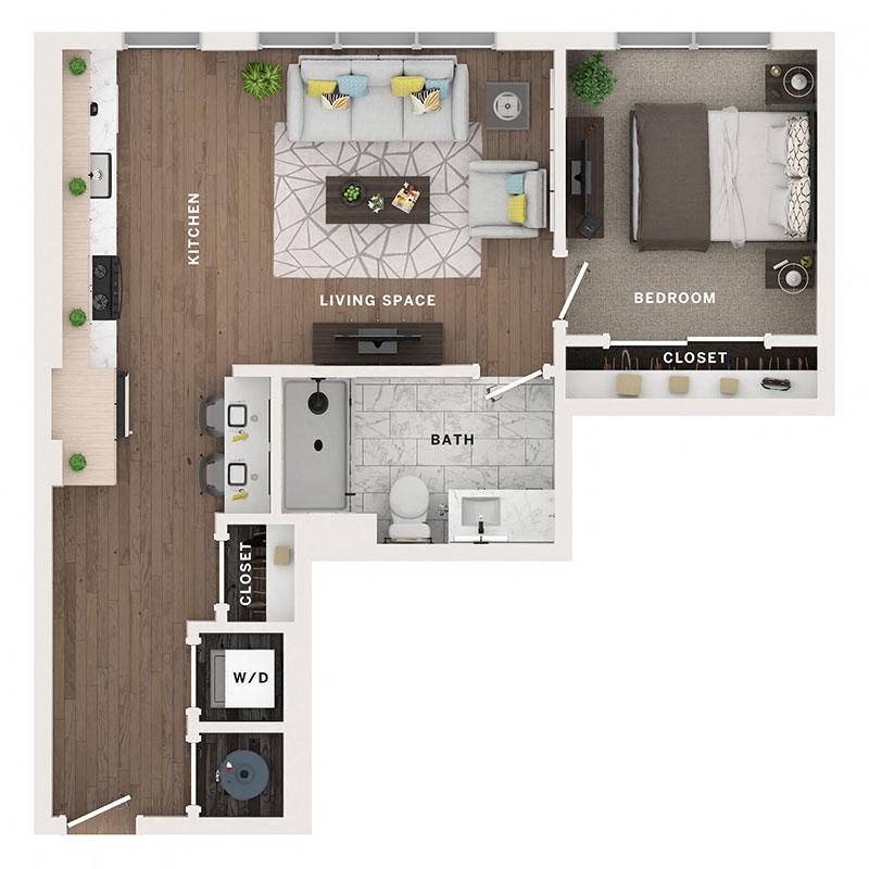 A 3D image of the A3 floorplan, a 650 squarefoot, 1 bed / 1 bath unit