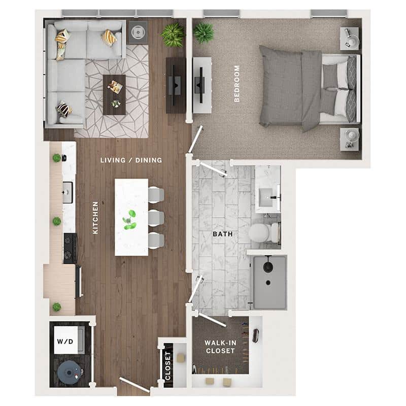 A 3D image of the A5 floorplan, a 683 squarefoot, 1 bed / 1 bath unit