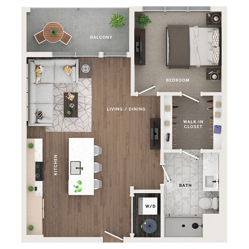 A 3D image of the A6 floorplan, a 787 squarefoot, 1 bed / 1 bath unit