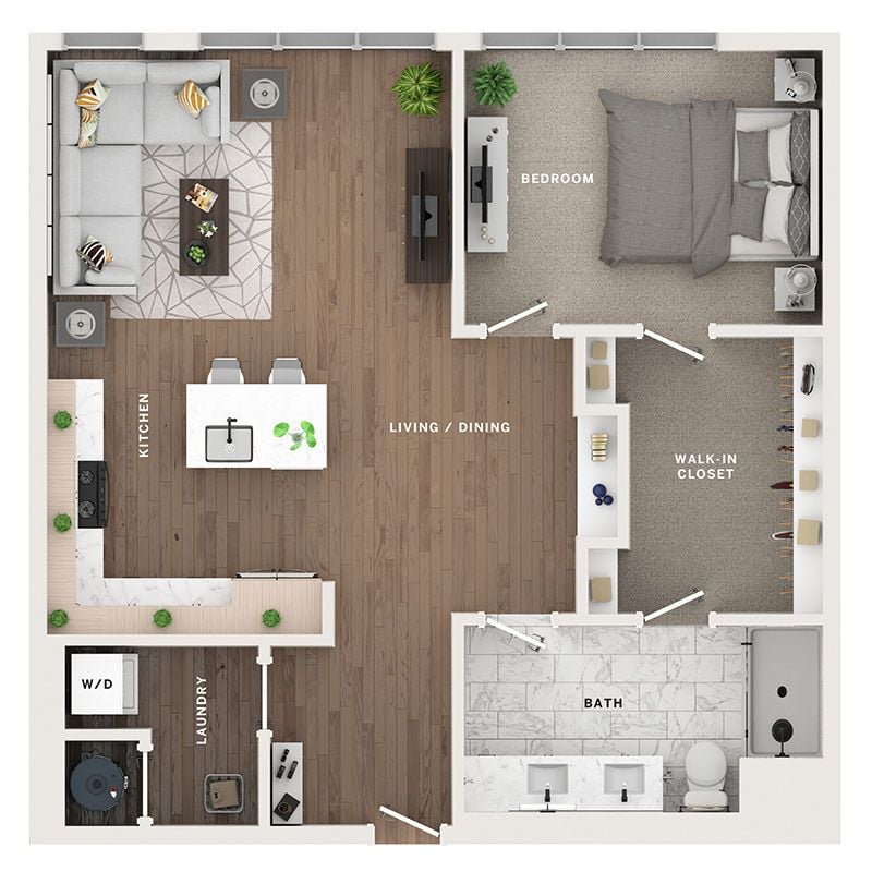 A 3D image of the A8 floorplan, a 915 squarefoot, 1 bed / 1 bath unit