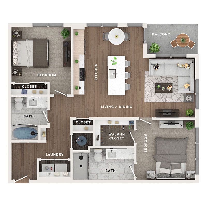 A 3D image of the C floorplan, a 1106 squarefoot, 2 bed / 2 bath unit