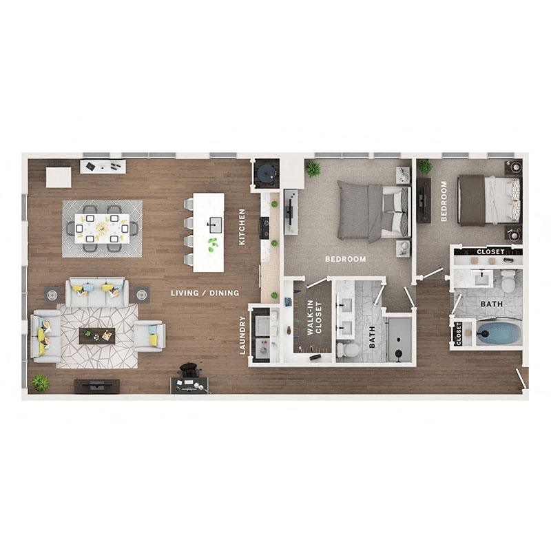 A 3D image of the C11 floorplan, a 1385 squarefoot, 2 bed / 2 bath unit