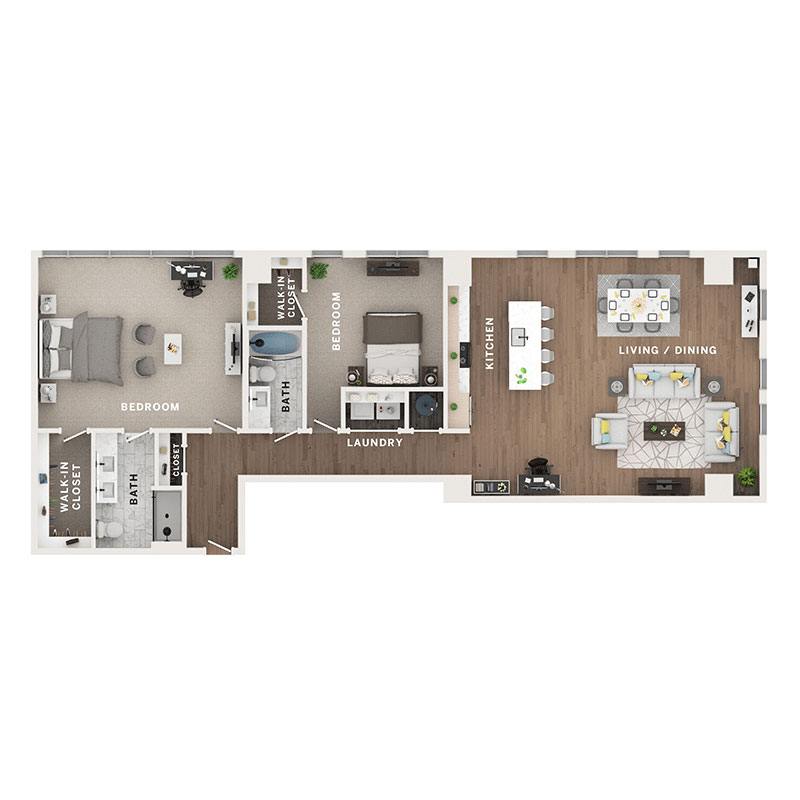 A 3D image of the C12 floorplan, a 1681 squarefoot, 2 bed / 2 bath unit