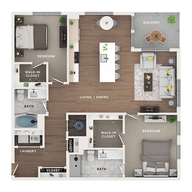 A 3D image of the C7 floorplan, a 1314 squarefoot, 2 bed / 2 bath unit