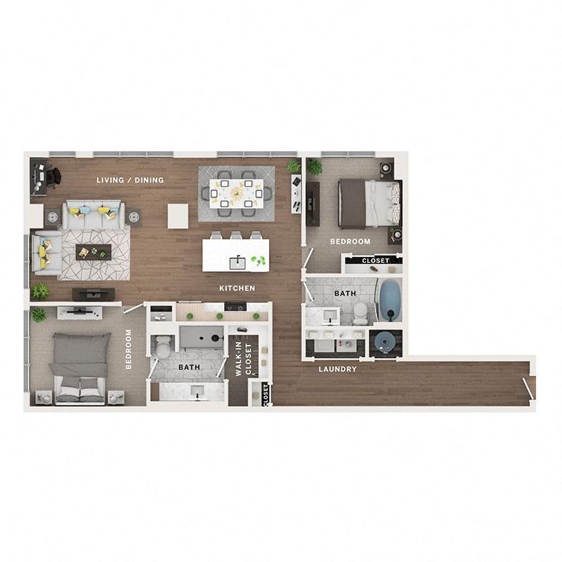 A 3D image of the C8 floorplan, a 1253 squarefoot, 2 bed / 2 bath unit