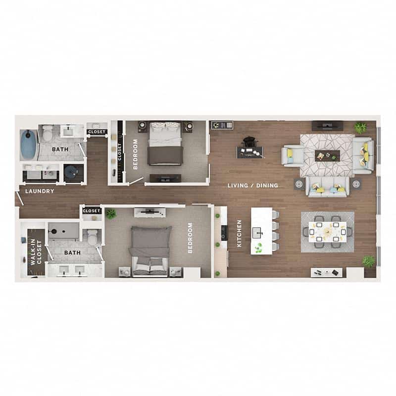 A 3D image of the C9 floorplan, a 1316 squarefoot, 2 bed / 2 bath unit