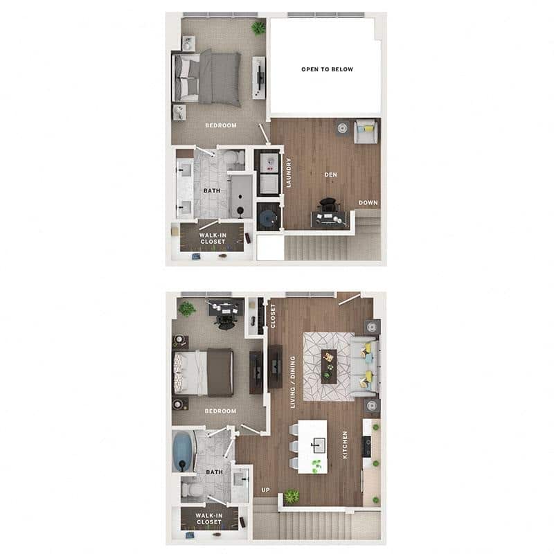 A 3D image of the CTH floorplan, a 1236 squarefoot, 2 bed / 2 bath unit