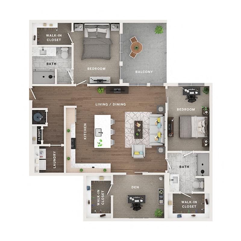 A 3D image of the D1 floorplan, a 1521 squarefoot, 2 bed / 2 bath unit