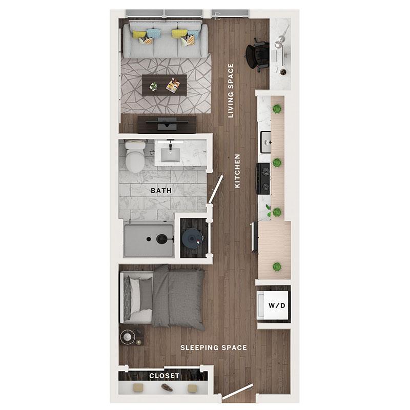 A 3D image of the S – Alcove floorplan, a 427 squarefoot, 0 bed / 1 bath unit