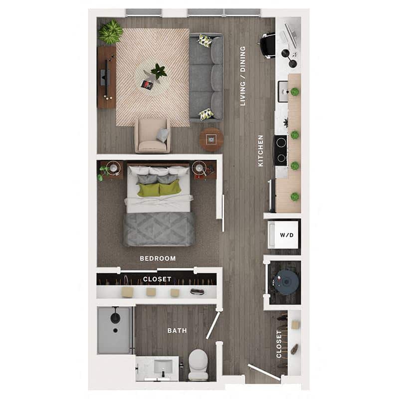 A 3D image of the A floorplan, a 519 squarefoot, 1 bed / 1 bath unit