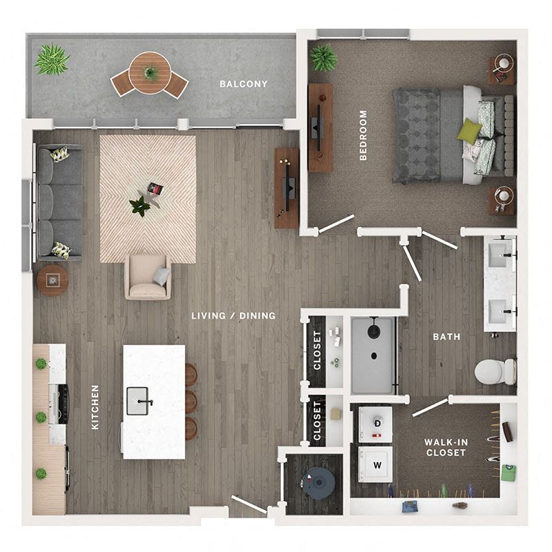 A 3D image of the A10 floorplan, a 939 squarefoot, 1 bed / 1 bath unit