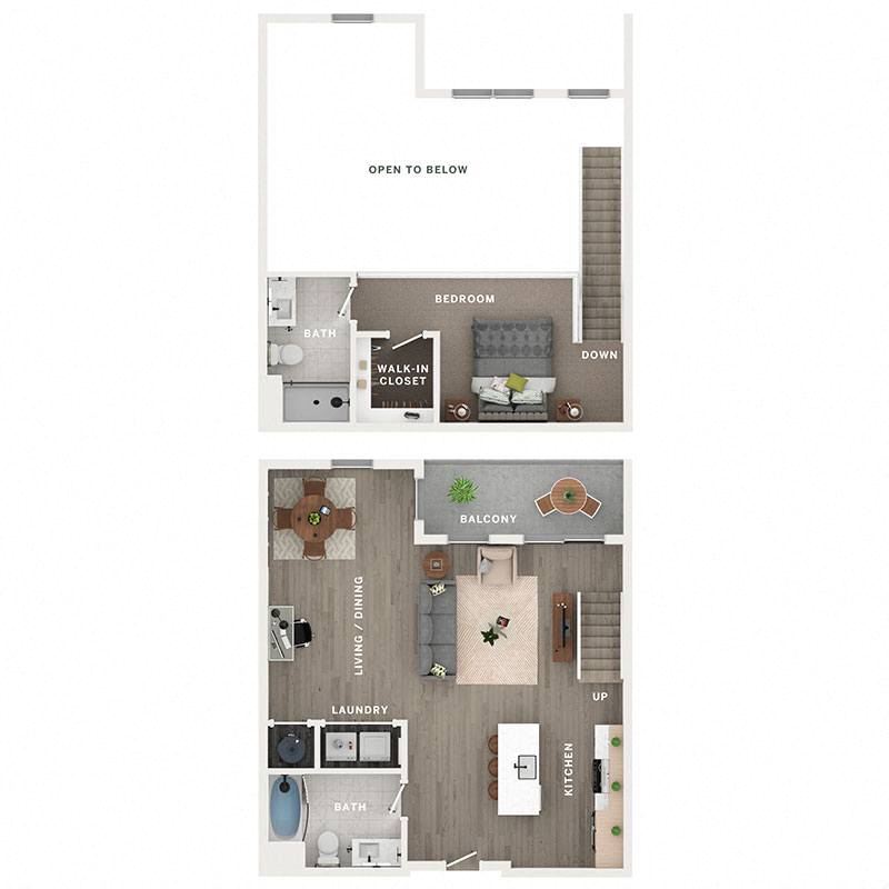 A 3D image of the A11PH floorplan, a 1118 squarefoot, 1 bed / 2 bath unit