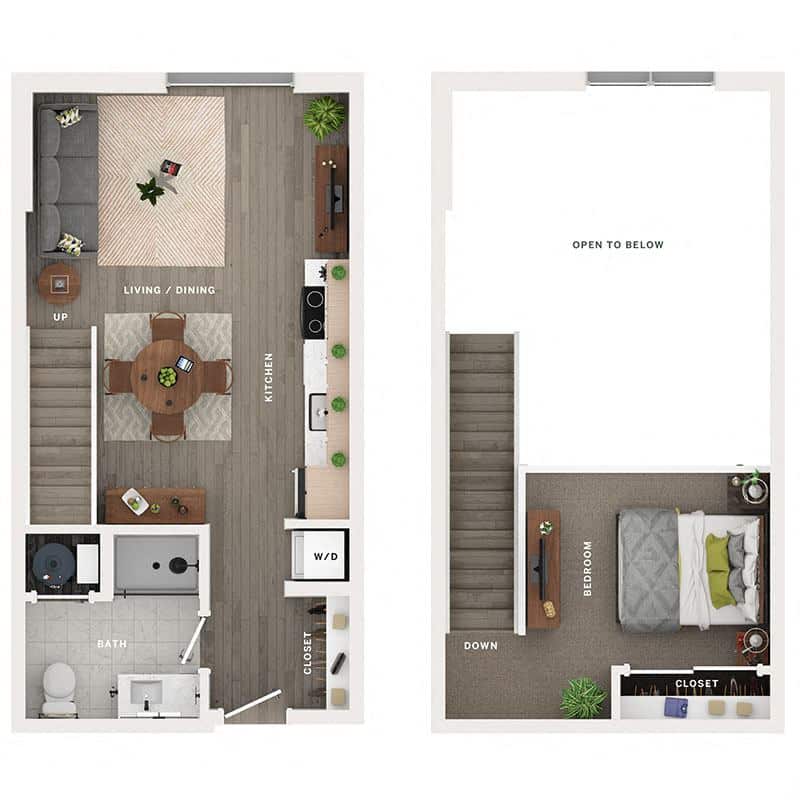 A 3D image of the A1PH floorplan, a 699 squarefoot, 0 bed / 1 bath unit