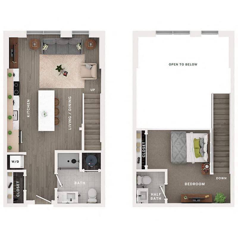 A 3D image of the A2PH floorplan, a 720 squarefoot, 0 bed / 1.5 bath unit