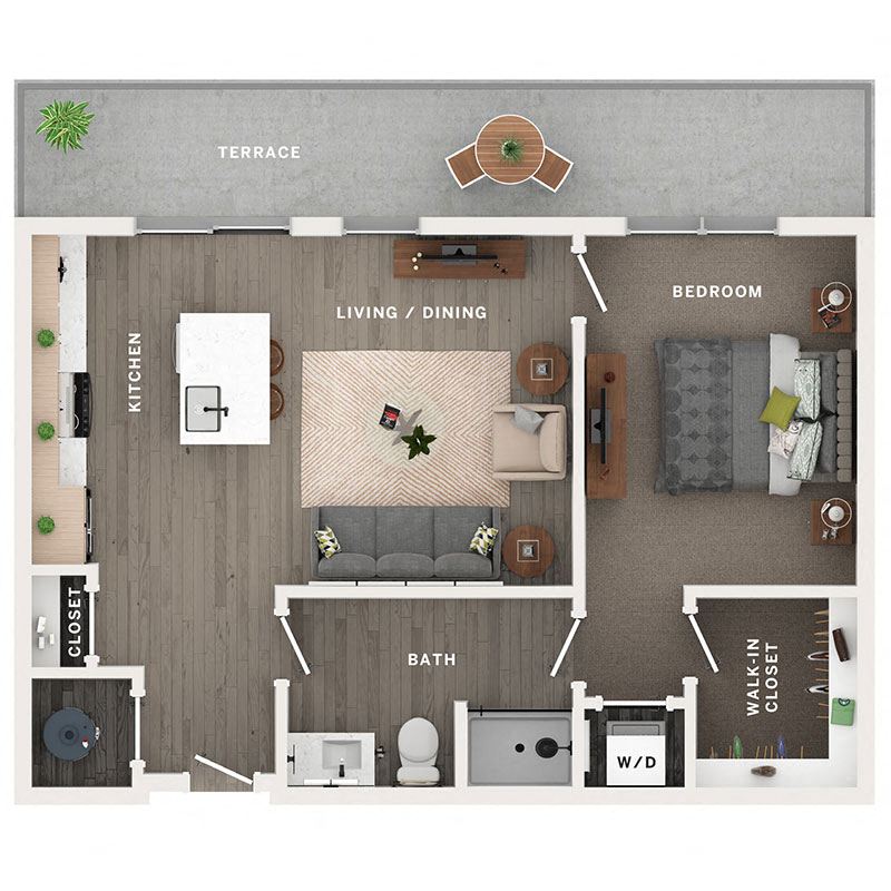 A 3D image of the A3 floorplan, a 718 squarefoot, 1 bed / 1 bath unit