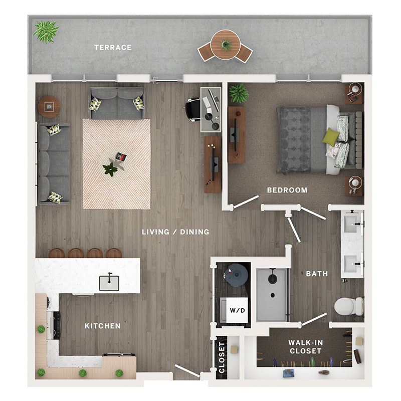 A 3D image of the A4 floorplan, a 817 squarefoot, 1 bed / 1 bath unit