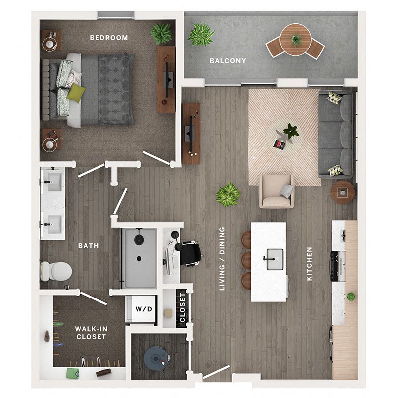 A 3D image of the A5 floorplan, a 805 squarefoot, 1 bed / 1 bath unit