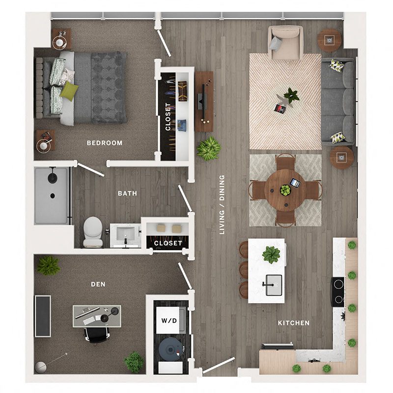 A 3D image of the A6 floorplan, a 838 squarefoot, 1 bed / 1 bath unit