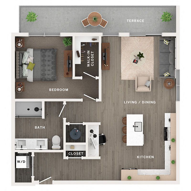 A 3D image of the A7 floorplan, a 845 squarefoot, 1 bed / 1 bath unit