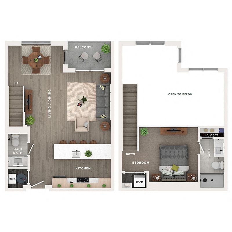 A 3D image of the A8PH floorplan, a 921 squarefoot, 1 bed / 1.5 bath unit