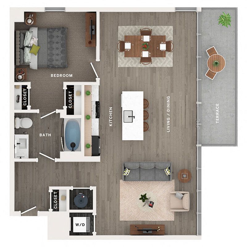 A 3D image of the A9 floorplan, a 911 squarefoot, 1 bed / 1 bath unit