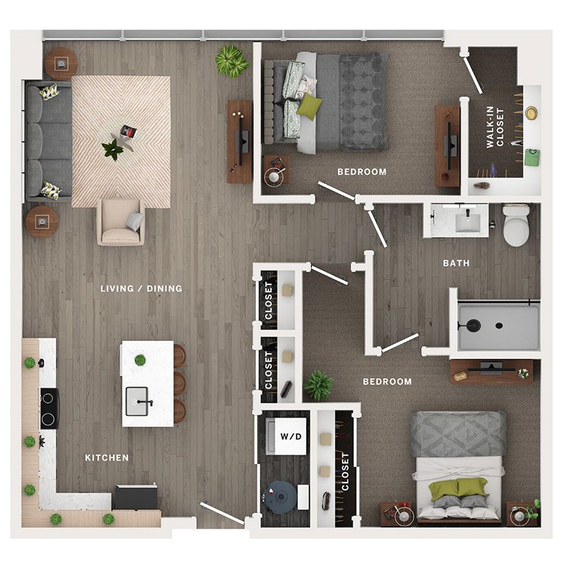 A 3D image of the B floorplan, a 962 squarefoot, 2 bed / 1 bath unit