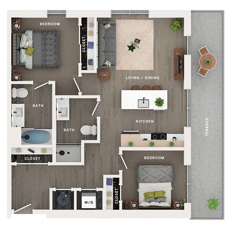 A 3D image of the C floorplan, a 889 squarefoot, 2 bed / 2 bath unit