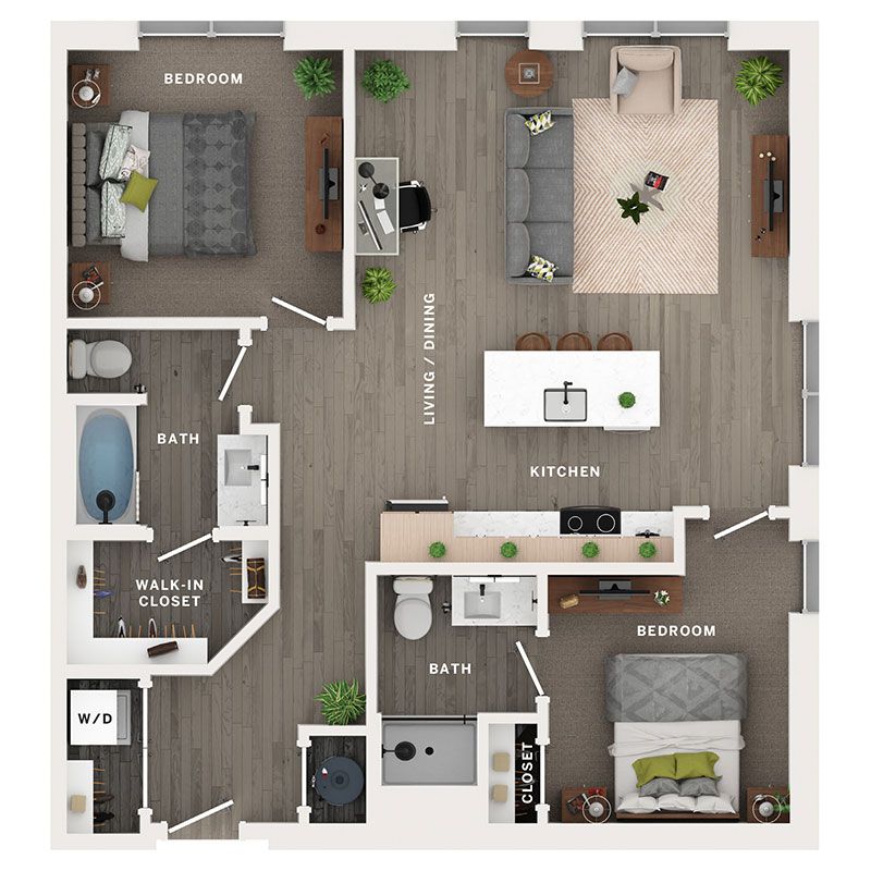 A 3D image of the C1 floorplan, a 992 squarefoot, 2 bed / 2 bath unit