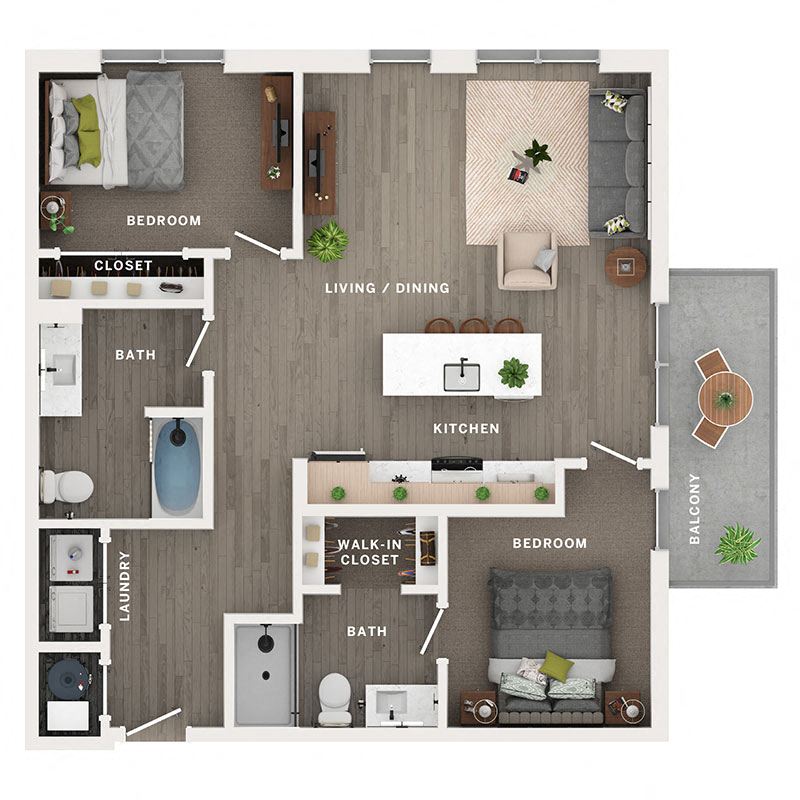 A 3D image of the C2 floorplan, a 1096 squarefoot, 2 bed / 2 bath unit