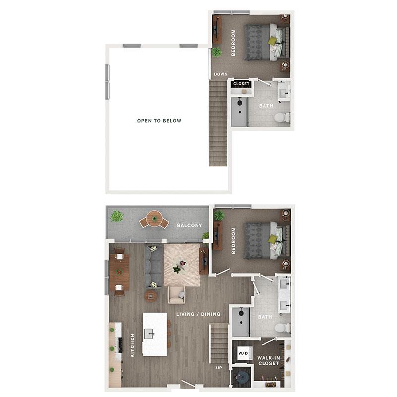 A 3D image of the C3PH floorplan, a 1175 squarefoot, 2 bed / 2 bath unit