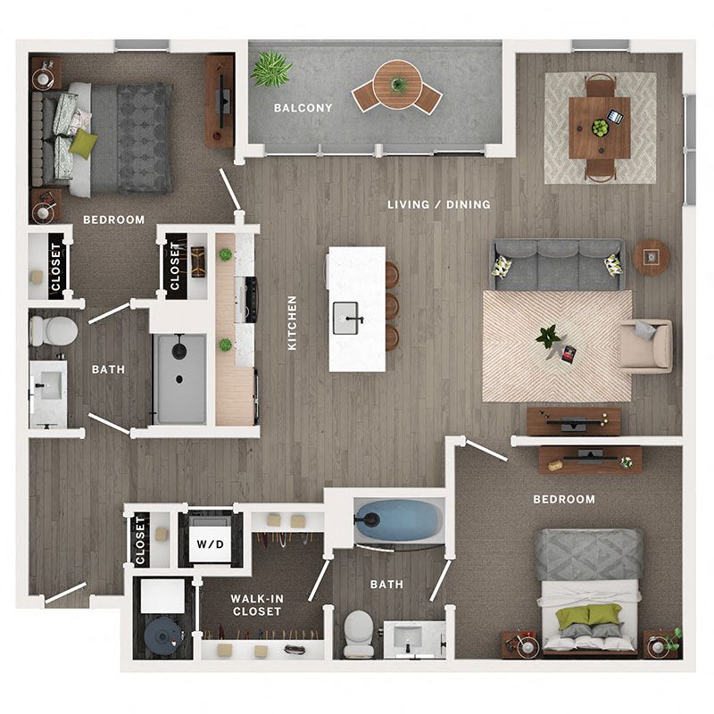 A 3D image of the C4 floorplan, a 1192 squarefoot, 2 bed / 2 bath unit