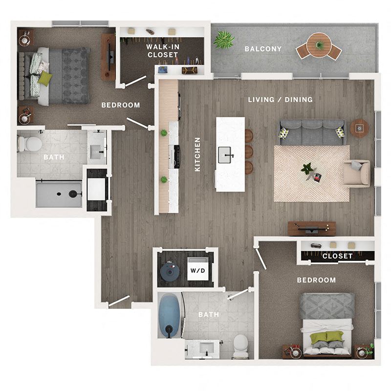 A 3D image of the C5 floorplan, a 1219 squarefoot, 2 bed / 2 bath unit