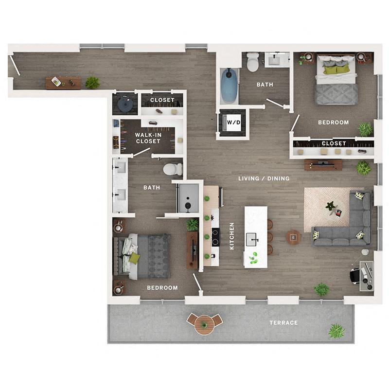 A 3D image of the C6 floorplan, a 1271 squarefoot, 2 bed / 2 bath unit