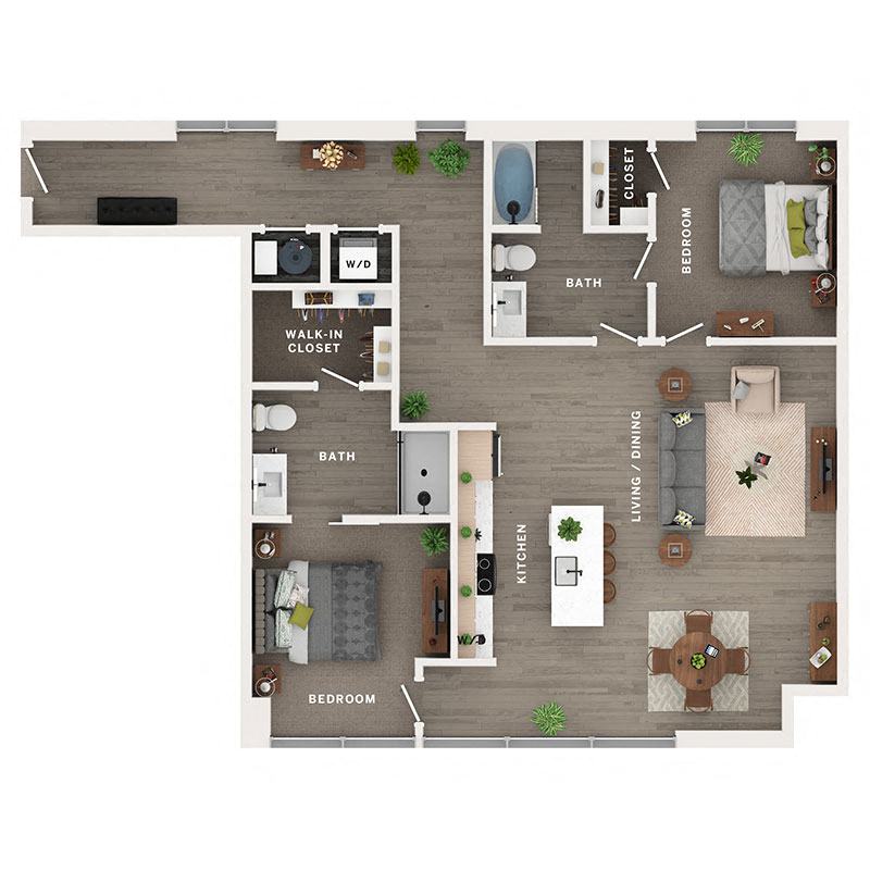 A 3D image of the C7 floorplan, a 1383 squarefoot, 2 bed / 2 bath unit