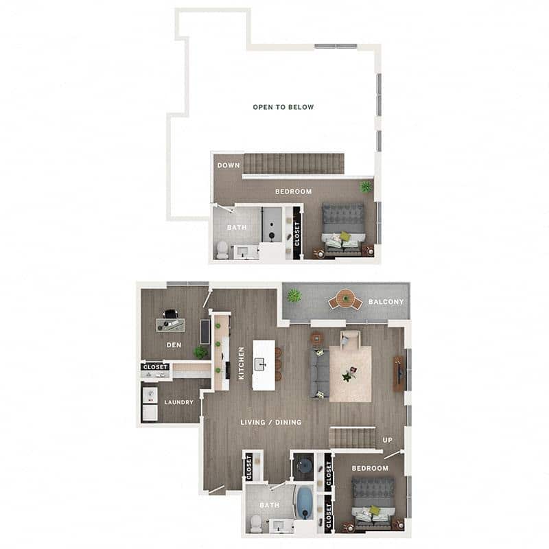 A 3D image of the C8PH floorplan, a 1521 squarefoot, 2 bed / 2 bath unit