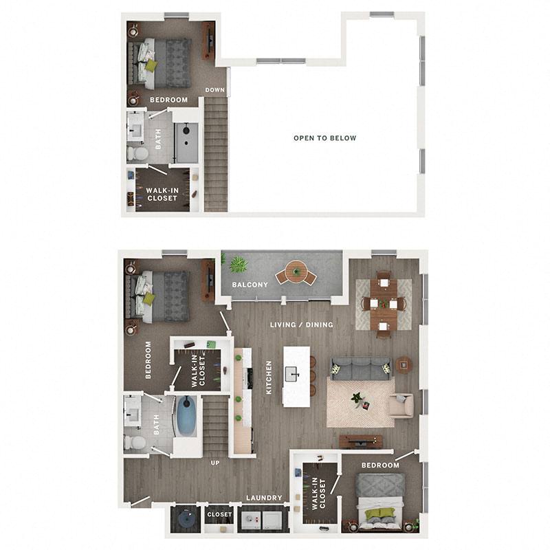 A 3D image of the DPH floorplan, a 1443 squarefoot, 2 bed / 2 bath unit