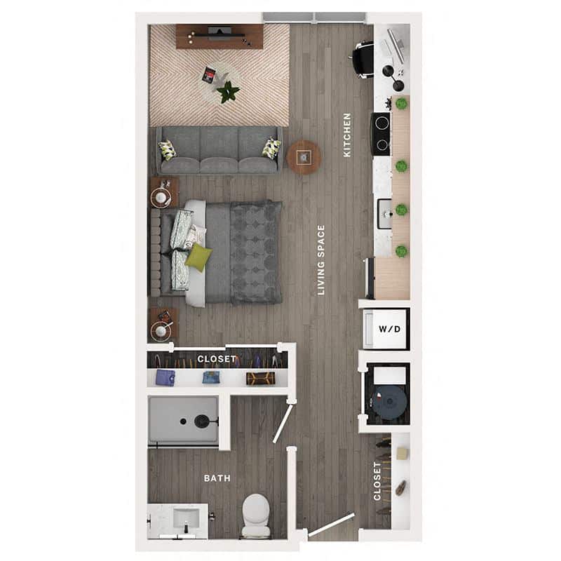 A 3D image of the S floorplan, a 522 squarefoot, 0 bed / 1 bath unit