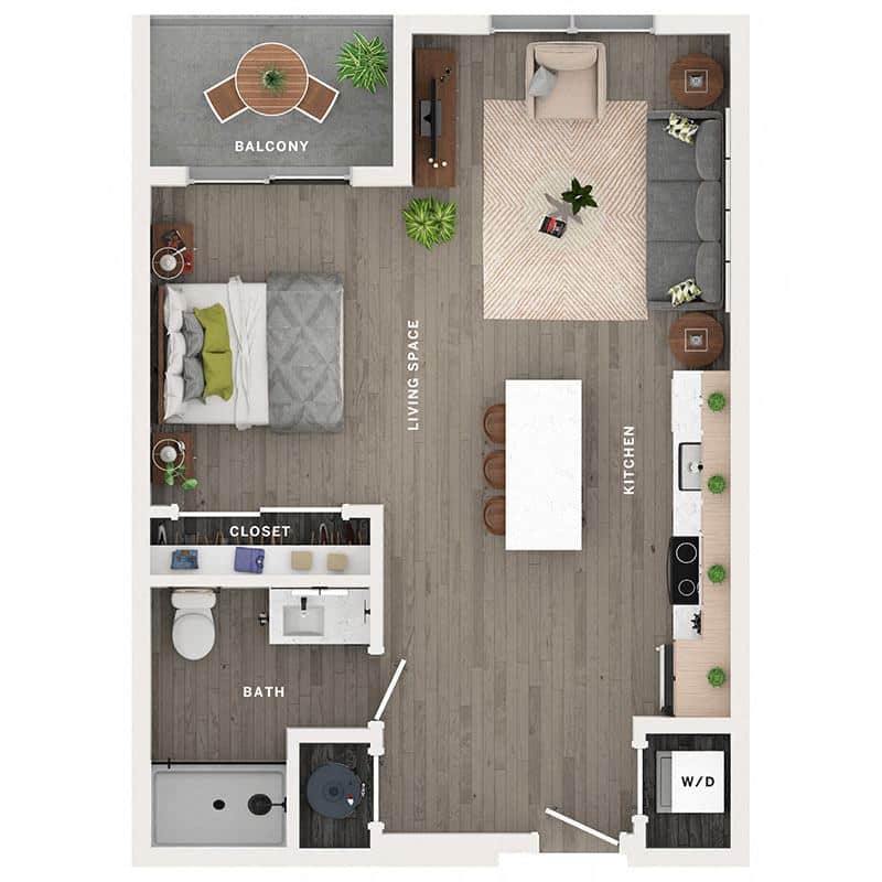 A 3D image of the S1 floorplan, a 666 squarefoot, 0 bed / 1 bath unit