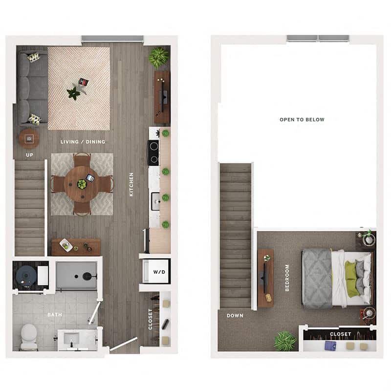 A 3D image of the A1PH Studio Loft floorplan, a 699 squarefoot, 0 bed / 1 bath unit