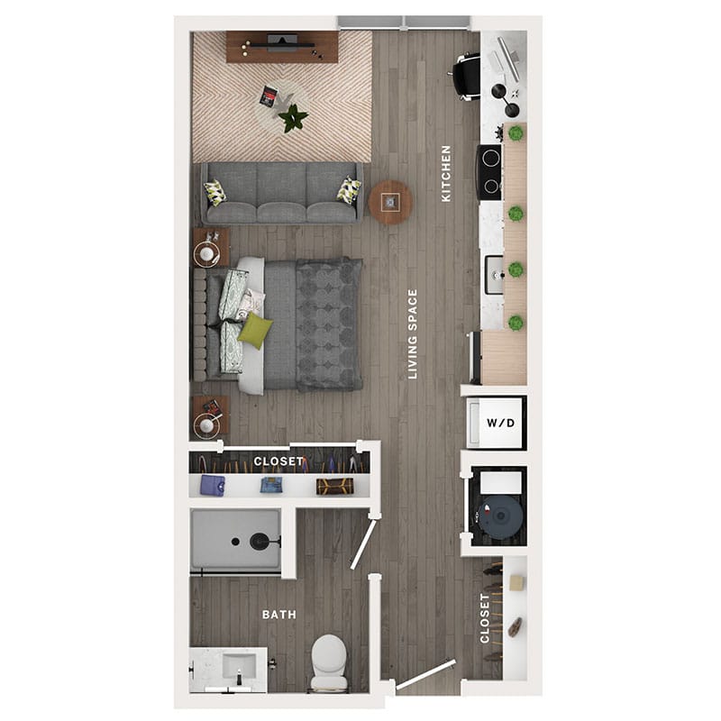 A 3D image of the Studio – S floorplan, a 522 squarefoot, 0 bed / 1 bath unit