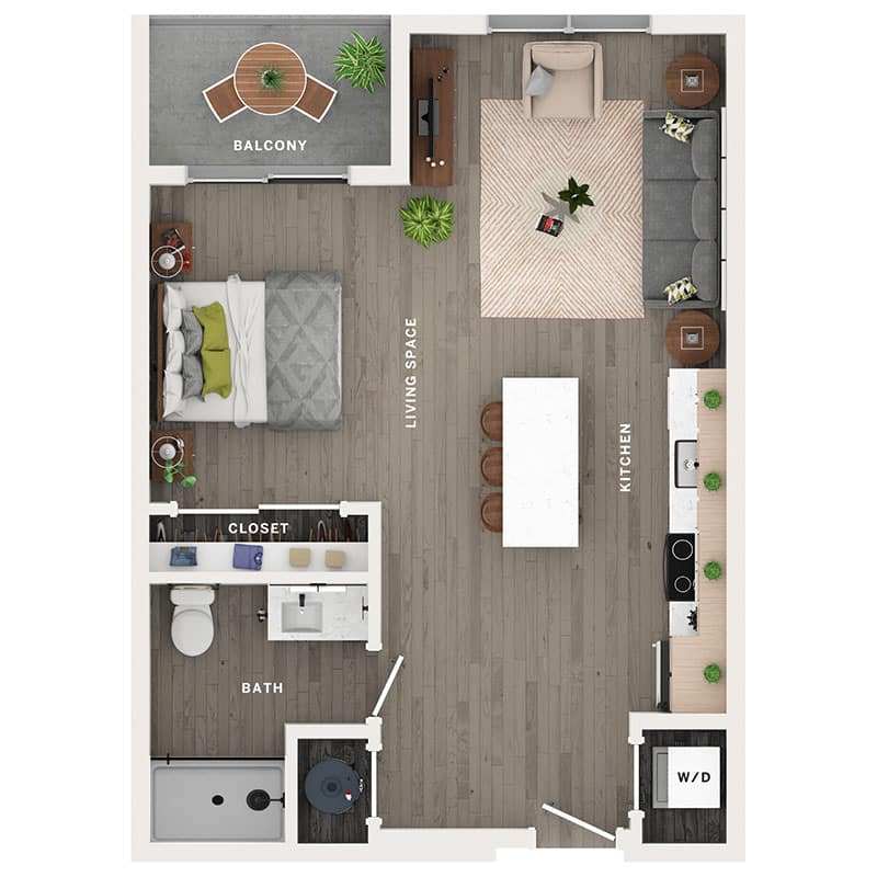 A 3D image of the Studio – S1 floorplan, a 666 squarefoot, 0 bed / 1 bath unit