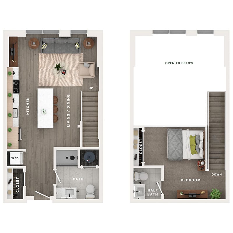 A 3D image of the 1BR/1.5BA – A2PH floorplan, a 720 squarefoot, 1 bed / 1.5 bath unit