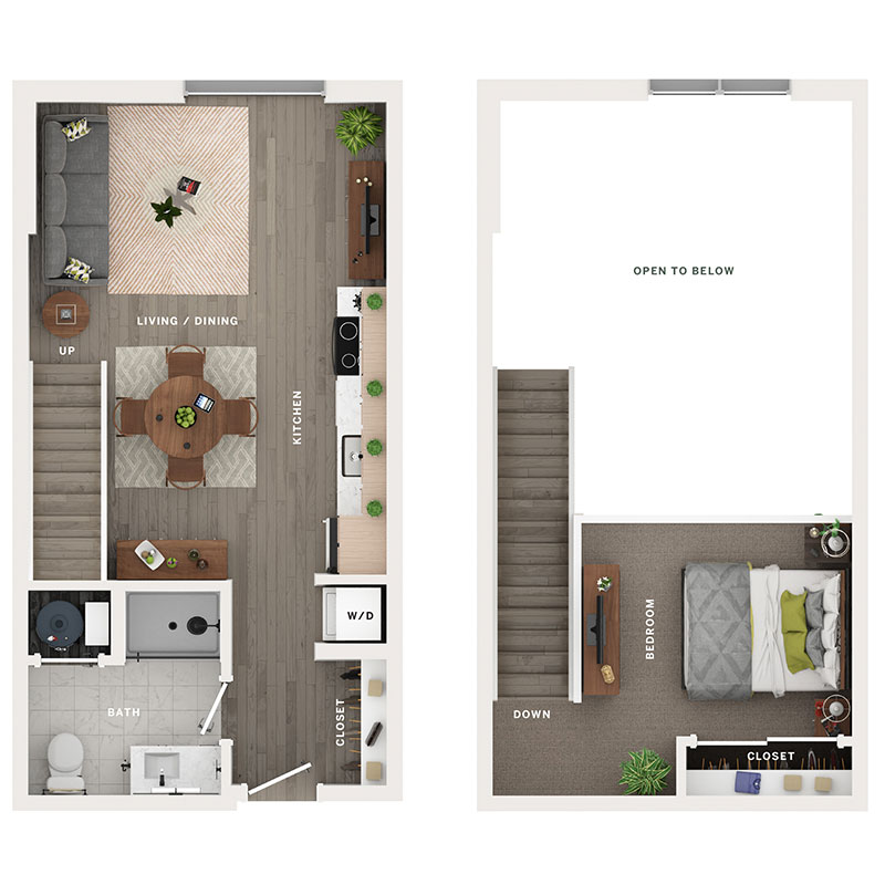 A 3D image of the 1BR/1BA – A1PH floorplan, a 699 squarefoot, 1 bed / 1 bath unit